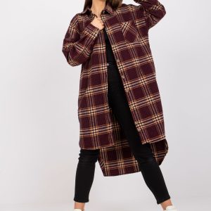 Wholesale Burgundy Yellow Long Sleeve Plaid Shirt