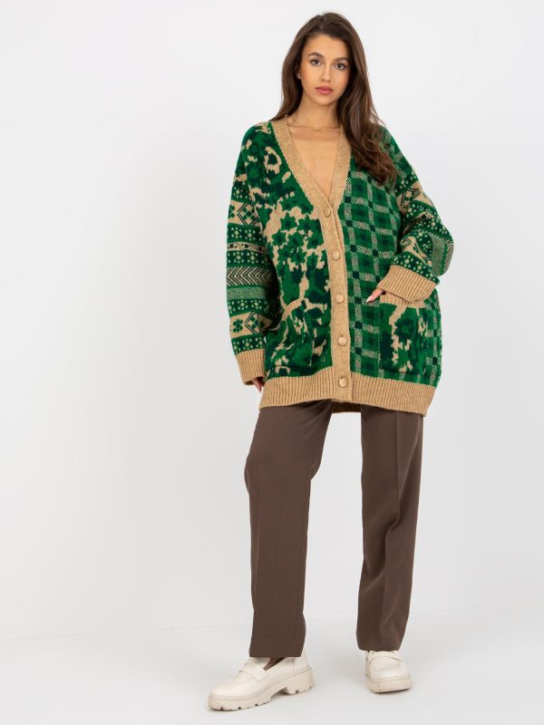 Wholesale Grüner Camel Oversize-Cardigan with Mustern