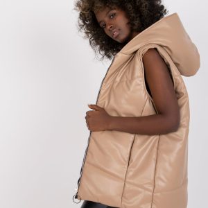 Wholesale Beige Women's Eco Leather Vest With Hooded