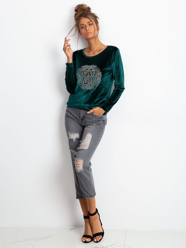 Wholesale Green velvet sweatshirt for women with applique