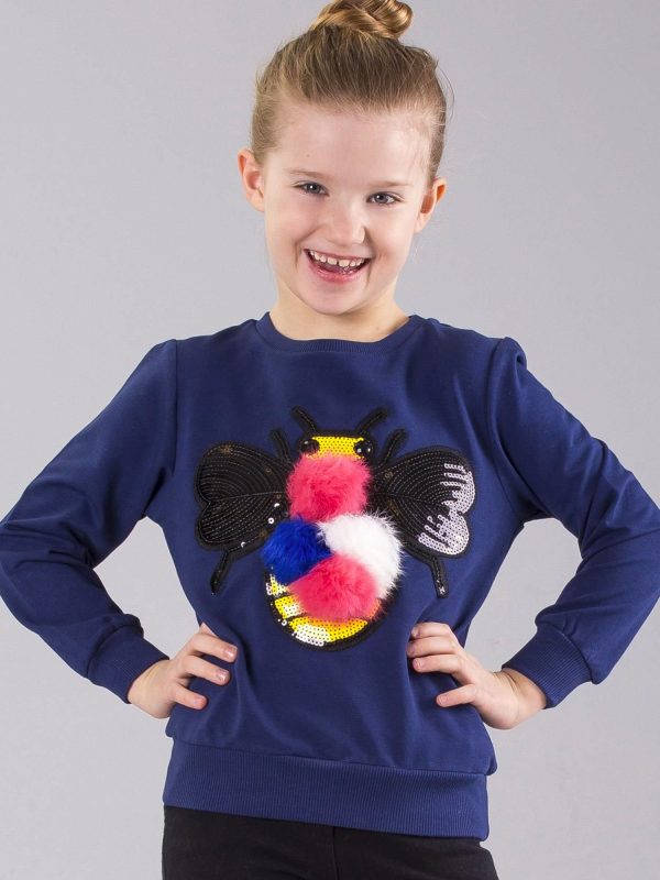 Wholesale Navy blue girl sweatshirt with pompoms and sequins