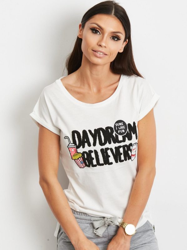 Wholesale T-shirt with stripes and inscription DAYDREAM BELIEVERS ecru