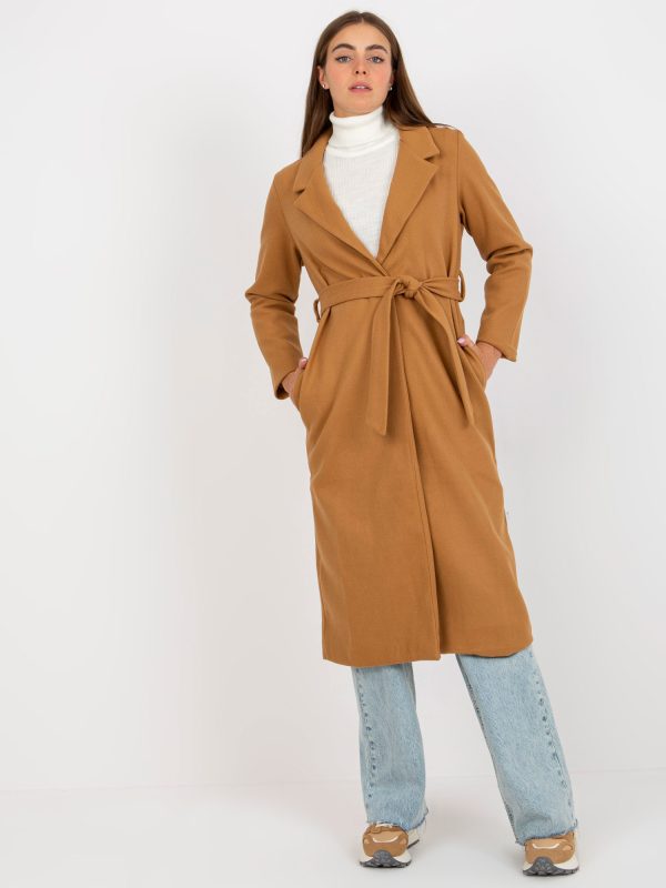 Wholesale Camel long coat with tie belt OCH BELLA