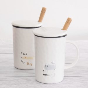 Wholesale Ceramic mug with lid and spoon white