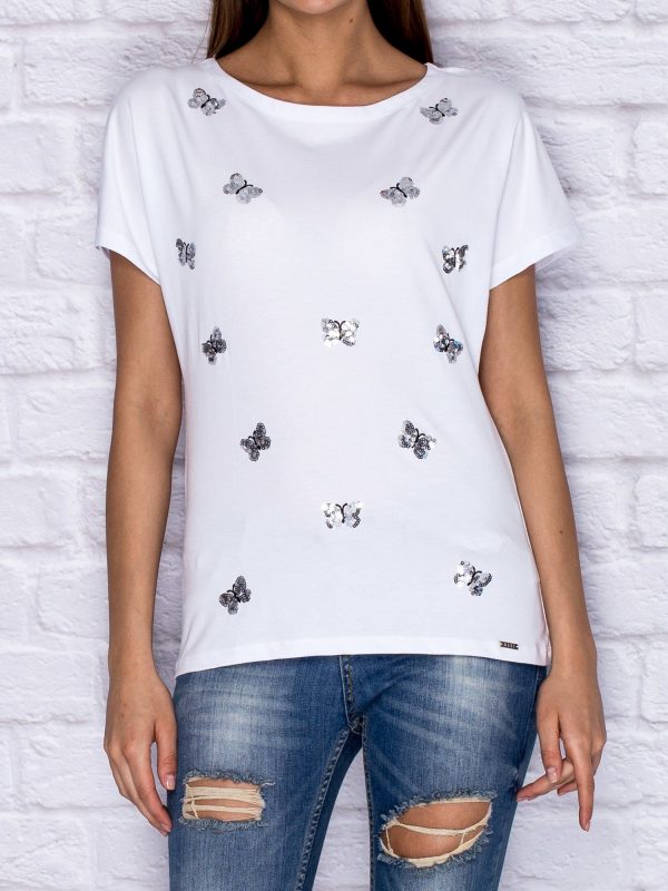 Wholesale T-shirt with sequin butterflies white