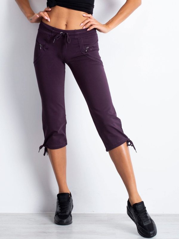 Wholesale Dark purple capri sweatpants with zipper pockets