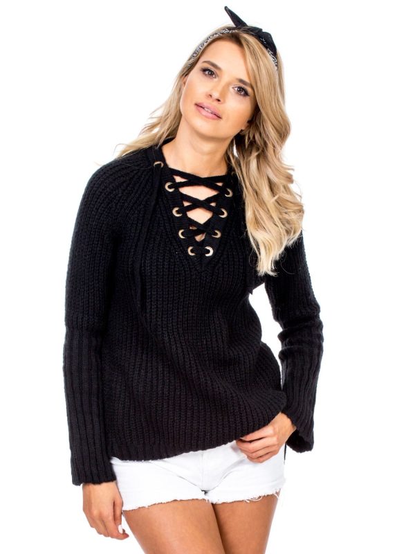 Wholesale Black sweater with lace-up neckline