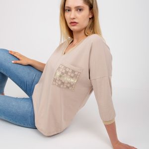 Wholesale Beige Cotton Plus Size V-Neck Blouse