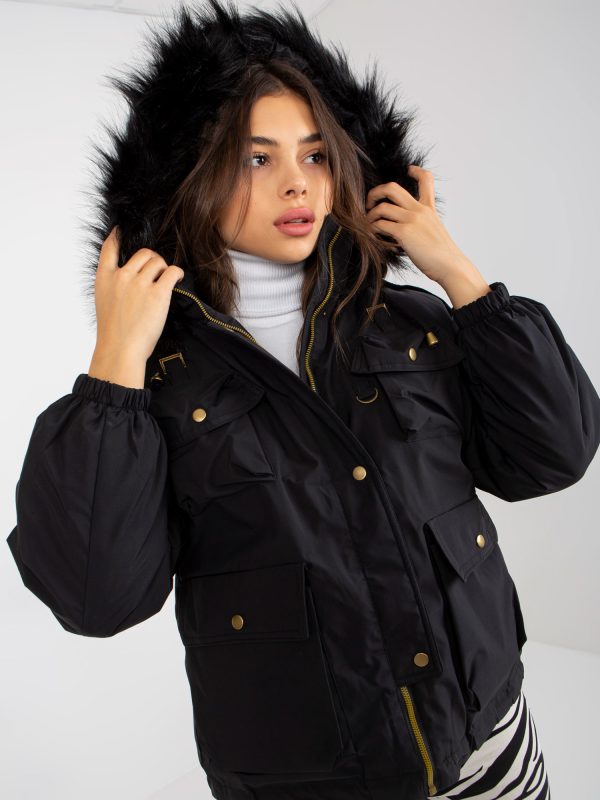 Wholesale Black down winter jacket with fur on the hood