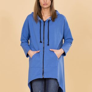 Wholesale Light Blue Asymmetrical Sweatshirt with Hoodie