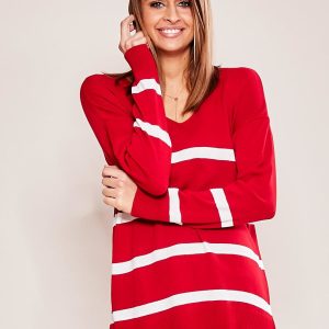 Wholesale Red women's sweater with stripes