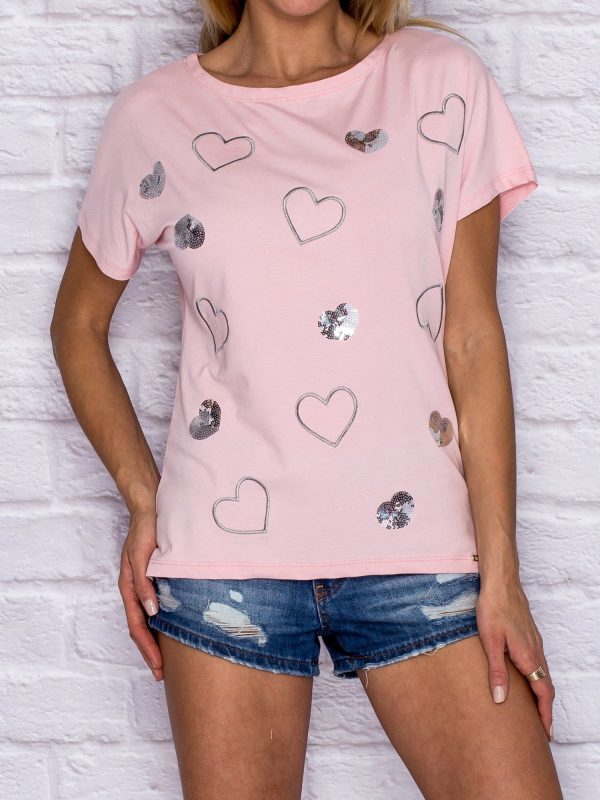 Wholesale Pale pink t-shirt with sequin hearts