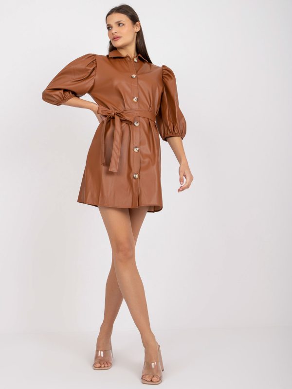 Wholesale Brown Eco Leather Casual Shirt Dress