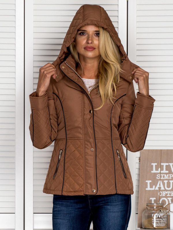 Wholesale Brown jacket with quilted inserts and contrasting hem