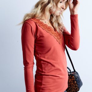 Wholesale Dark orange blouse with lace neckline