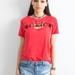 Wholesale Women's T-shirt with colorful pompoms red