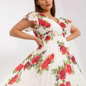 Wholesale White floral pleated midi dress with wrap neckline