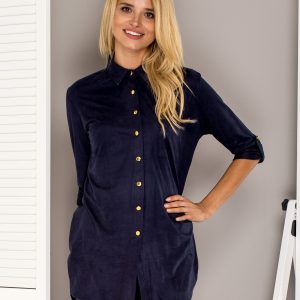 Wholesale Navy Suede Shirt with Roll up Sleeves