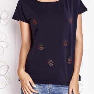 Wholesale Navy blue t-shirt with insect applique