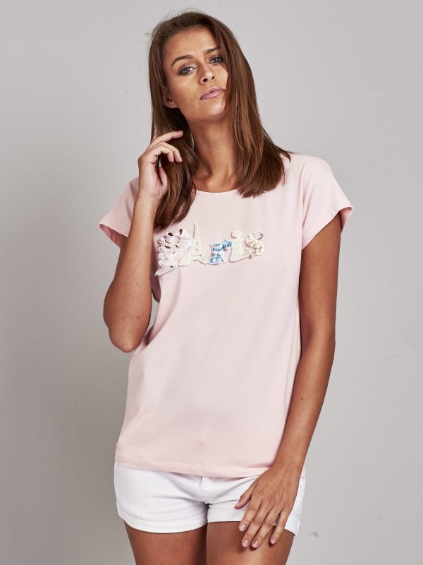 Wholesale Pale pink T-shirt with jewelry inscription PARIS