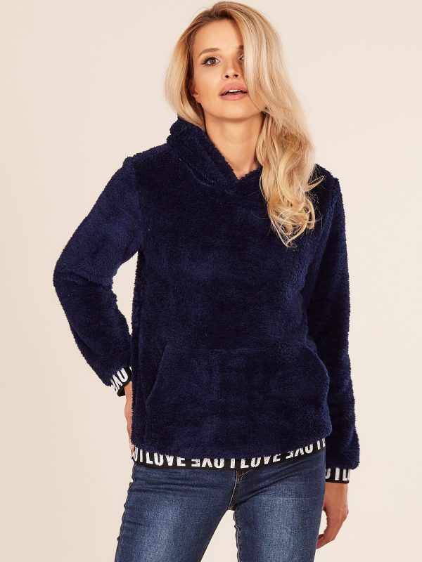 Wholesale Fluffy women's hooded sweatshirt navy blue