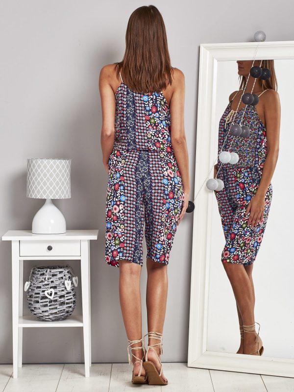 Wholesale Patterned jumpsuit on thin straps navy blue