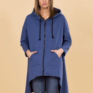 Wholesale Dark Blue Asymmetrical Sweatshirt with Hoodie