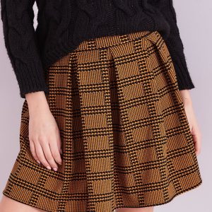 Wholesale Mustard flared houndstooth and plaid skirt