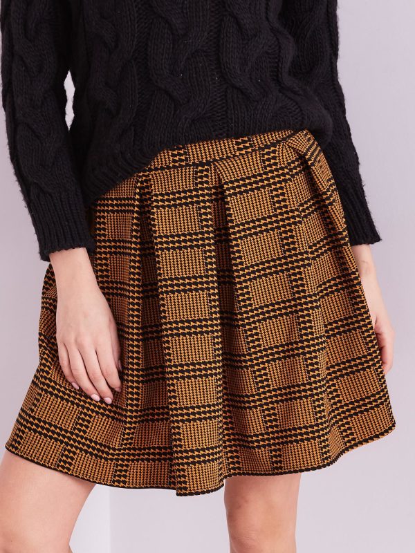 Wholesale Mustard flared houndstooth and plaid skirt