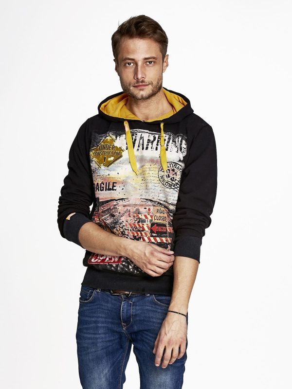 Wholesale Black padded sweatshirt for men with hoodie USA motif