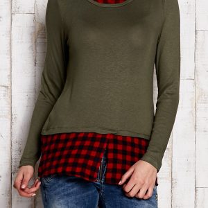 Wholesale Layered sweater with plaid shirt green