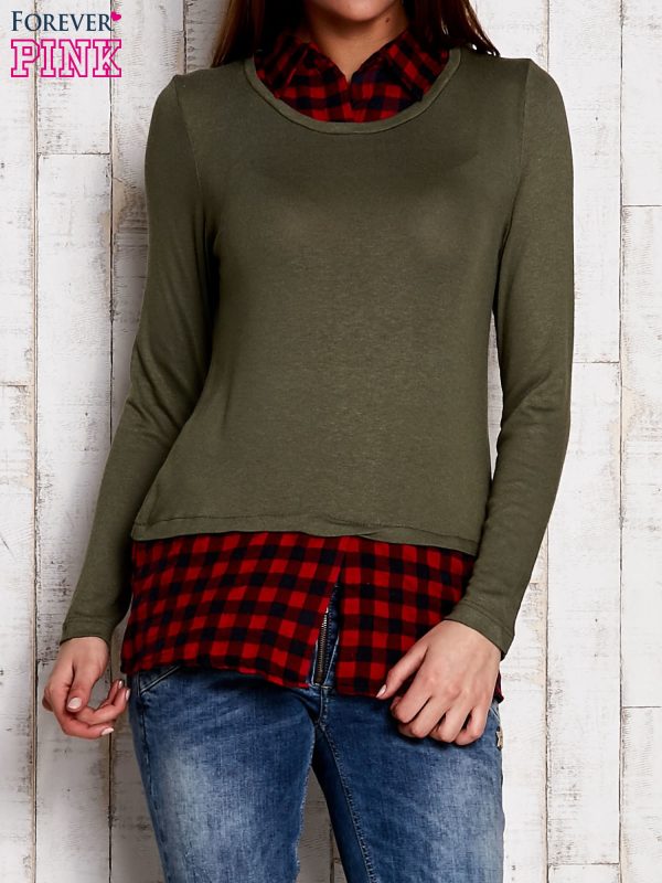 Wholesale Layered sweater with plaid shirt green