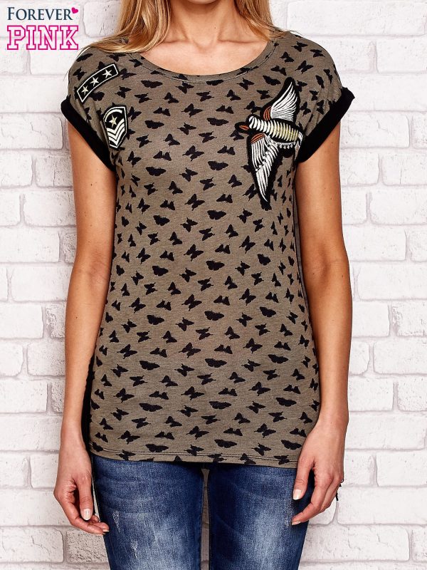 Wholesale Khaki T-shirt in butterflies with stripes and fringes