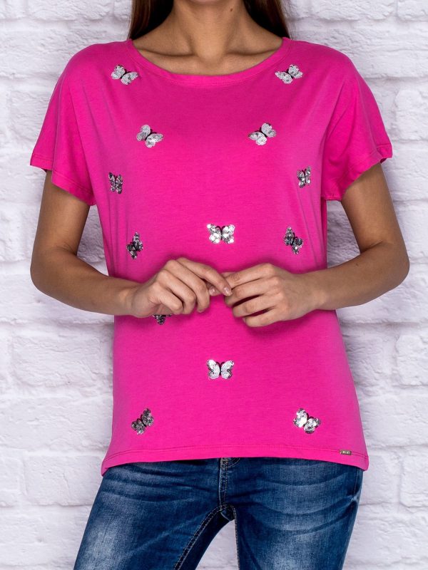 Wholesale T-shirt with sequin butterflies dark pink