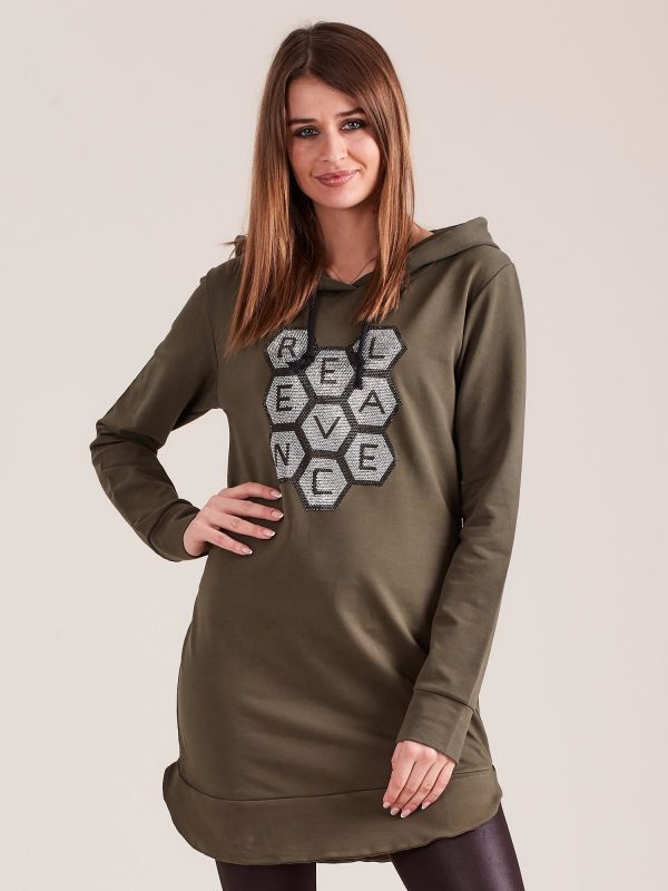 Wholesale Khaki sweatshirt tunic with hood and applique