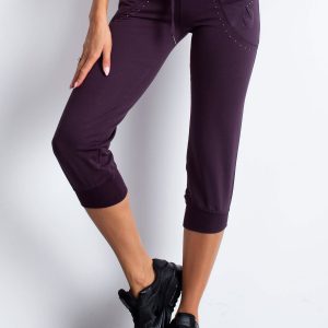 Wholesale Dark purple capri sweatpants with applique at the pockets