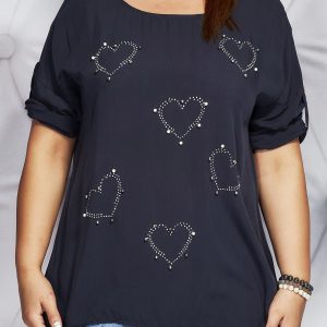 Wholesale Navy blue blouse with glossy applique of hearts PLUS SIZE