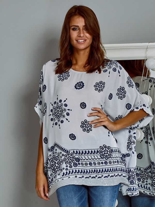 Wholesale Fairy oversize blouse with folk pattern light grey