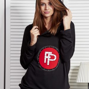 Wholesale Black sweatshirt for women with appliqué and ribbing at the bottom