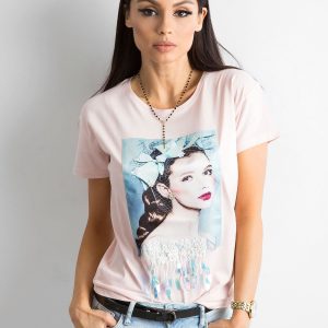 Wholesale Pale pink cotton t-shirt with appliques