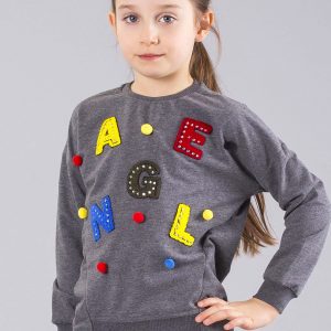 Wholesale Dark grey sweatshirt for girls with appliqué and pomponics