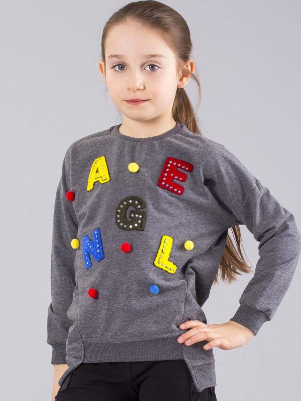 Wholesale Dark grey sweatshirt for girls with appliqué and pomponics