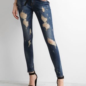 Wholesale Dark blue slim fit jeans with abrasions