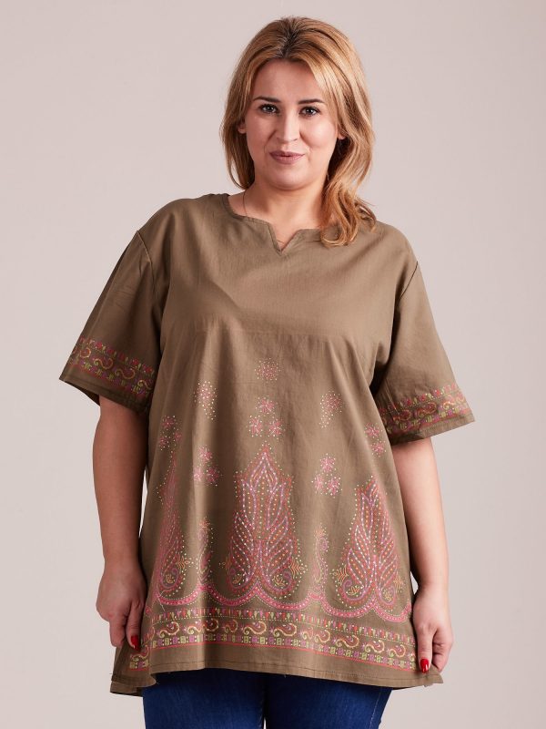 Wholesale Oversize shirt blouse with khaki ethnic motifs PLUS SIZE