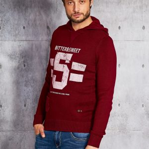 Wholesale Burgundy men's sweater with hood and lettering