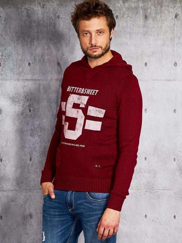 Wholesale Burgundy men's sweater with hood and lettering