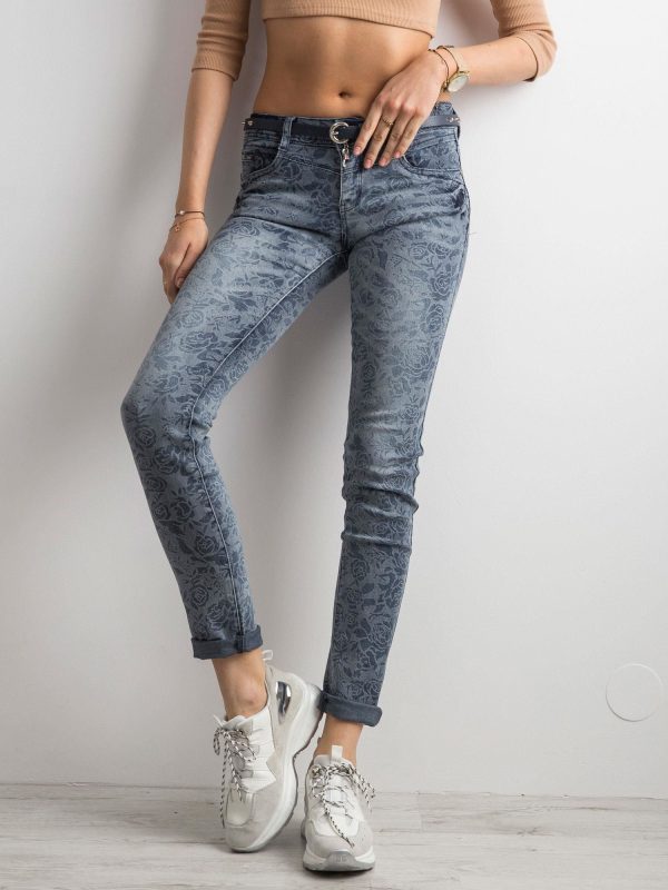 Wholesale Blue Floral Denim Pants