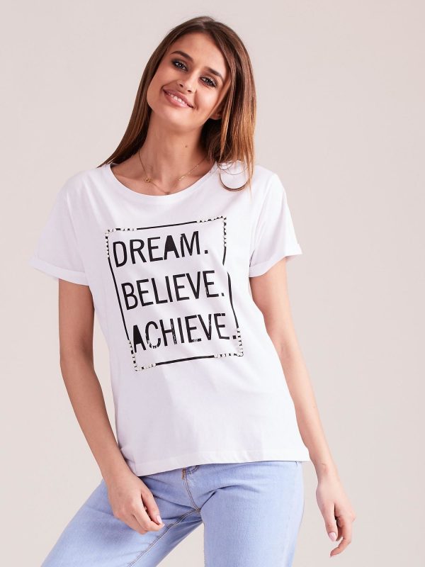 Wholesale White t-shirt with inscriptions and pearls