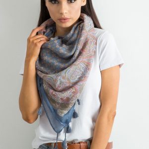 Wholesale Blue scarf with print and fringes