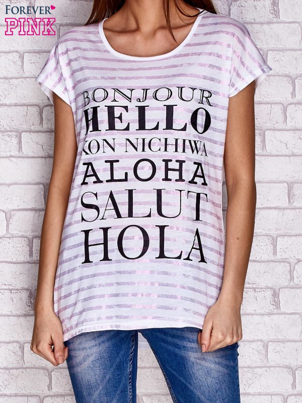 Wholesale White Striped Ladies T-Shirt with Text Print